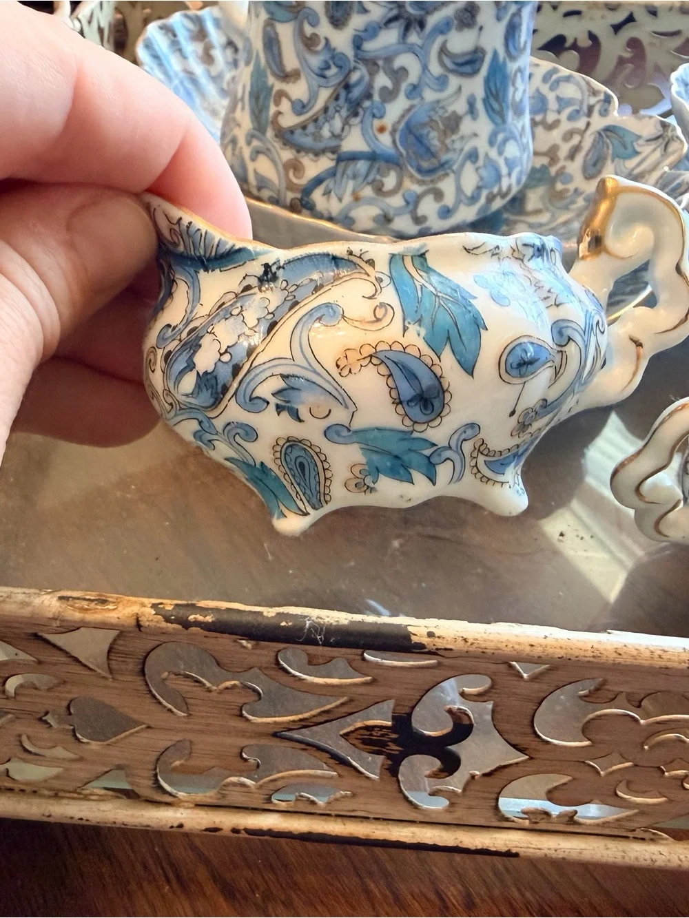 Lefton China Blue and Gold Porcelain Tea Set - Ashtray - Floral Paisley Pattern